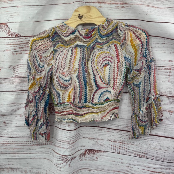 Maeve Anthropologie Shirt Womens Medium Smocked Cropped Blouse Bell Sleeve Swirl - Picture 11 of 13